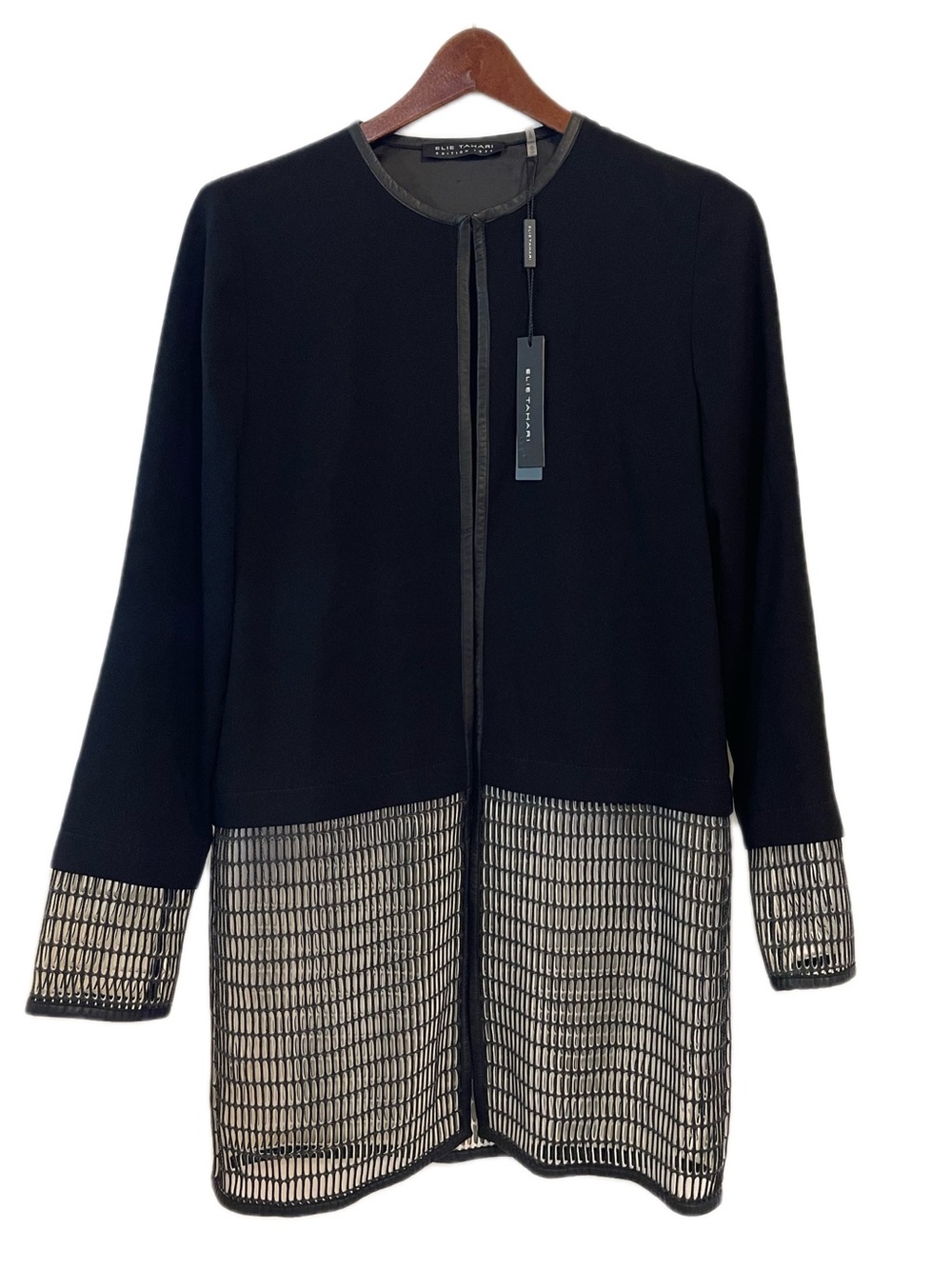 Elie Tahari Soho Coat Black XS Open Front Mesh Leather Trim Mid-Length NWT